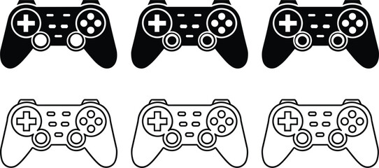 Video game controller joysticks set featuring black solid silhouettes and linear outline gamepad device icons collection vectors © MdAnarulIslam
