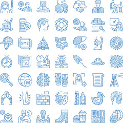 Naklejka premium Collection of numerous hand drawn blue doodle icons illustrating diverse concepts related to various fields including business, science, medical, and technology
