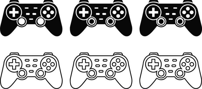 Video game controller joysticks set featuring black solid silhouettes and linear outline gamepad device icons collection vectors