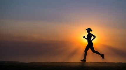 Fototapeta premium Silhouette of a woman running on a trail during a dramatic golden sunset with sunburst rays. Athletic fitness concept suitable for motivational sports banners.