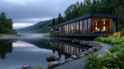 Fototapeta premium Glass-walled sauna sits above a Nordic lake with mist rising, showcasing wooden design in early dawn light and premium architecture in wellness space