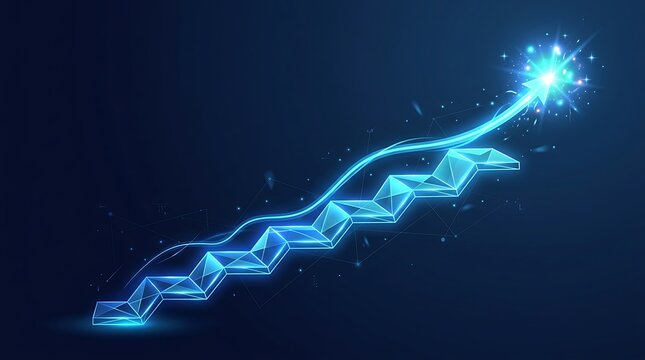 3D digital tech upward trending zig-zag arrow pointing to a glowing starburst. Futuristic business success chart suitable for financial trading app headers.