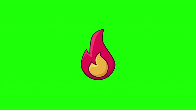 Animated fire flame icon flickering, viral trending hot symbol, flat doodle style, green screen and white background versions, video