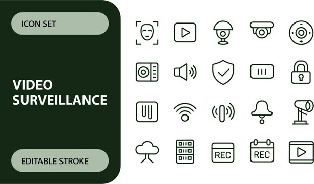 Video surveillance security camera system linear icons set with face recognition record protective shield vector illustrations