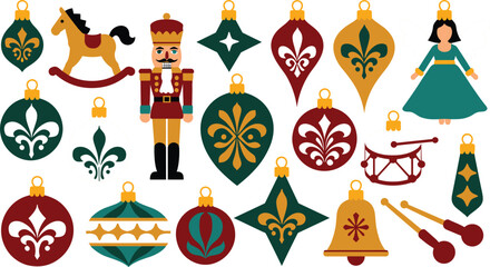 Vintage Christmas tree ornaments and toys collection with nutcracker rocking horse baubles bell drum and ballerina doll vector © MdAnarulIslam
