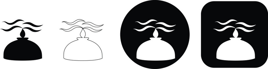 Four depicting a rounded dome structure with wavy smoke or vapor rising from the in black and white style © SilhouetteStore