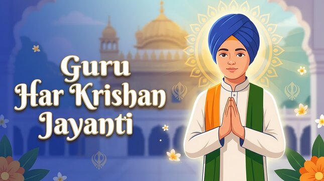 Guru har krishan jayanti celebration greeting card illustration with religious figure and temple