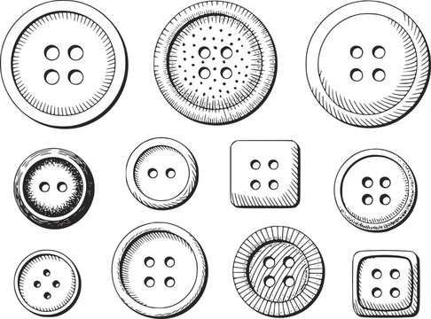 白の背景に分離された、様々な形状とサイズの衣類用ボタンの手描きコレクション