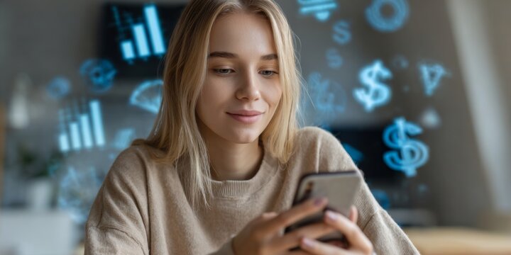 Young woman using smartphone with financial and data analytics icons floating in background, modern technology, digital finance, communication concept