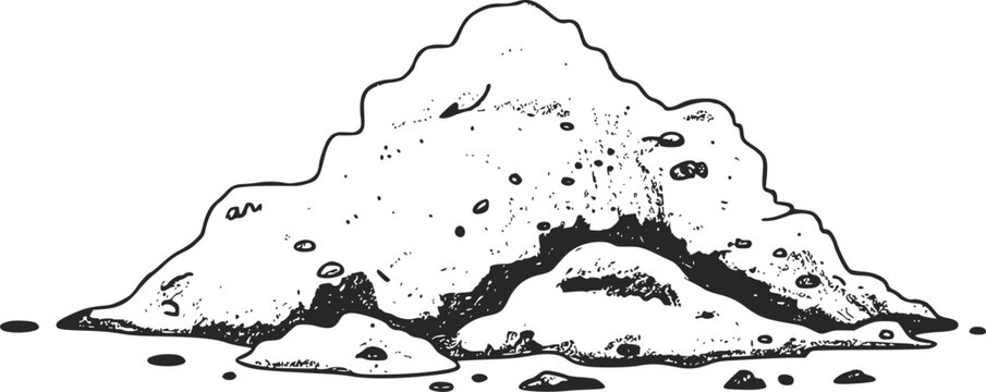 白の背景にある土、砂、または砂利の小さな山のシンプルな白黒ラインアート