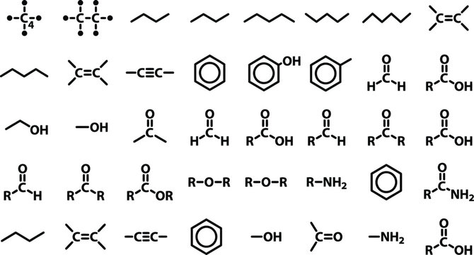 Chemical structure formulas and molecular compounds icon set