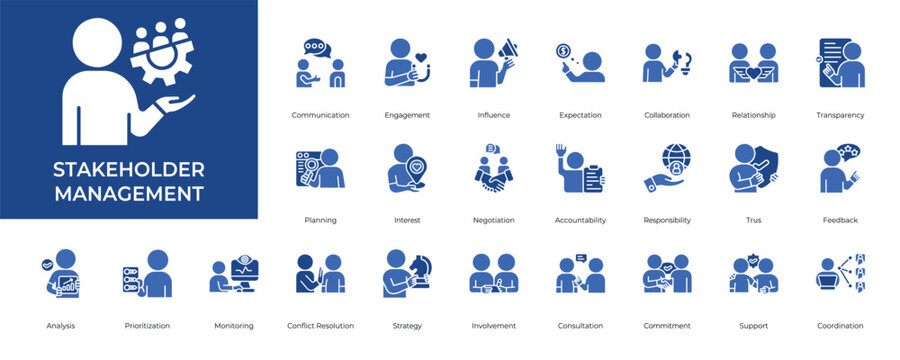 Stakeholder Management Icon set Collection in Glyph Two Color Style. communication, engagement, influence, expectation, collaboration, relationship, feedback