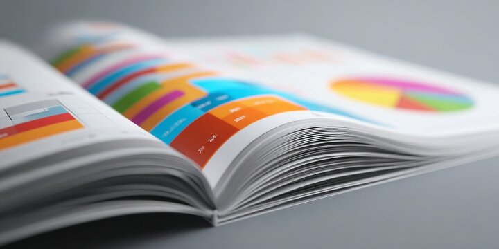 Open financial report booklet with colorful pie charts and bar graphs, financial data analysis, business presentation, corporate strategy, and financial planning