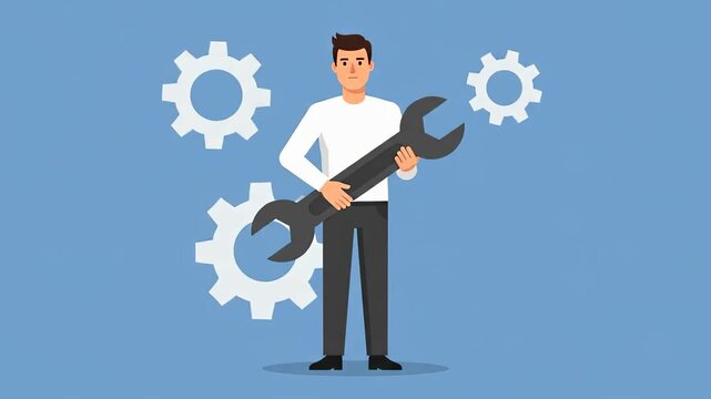 Professional male technician holding wrench with gears symbolizing industrial maintenance service and reliable system protection, Seamless Loop Animation Video
