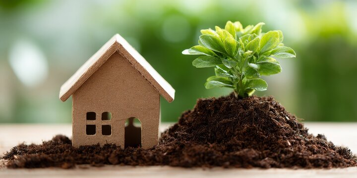 Small wooden house model with green plant sprouting from soil, eco-friendly gardening concept, home growth, sustainable environment, nature life