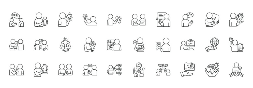 Stakeholder Management Icon set Collection in Line Style. communication, engagement, influence, expectation, collaboration, relationship, feedback