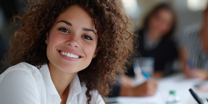 Young woman with curly hair smiling confidently in a bright social setting with friends, casual attire, cheerful expression, and warm atmosphere