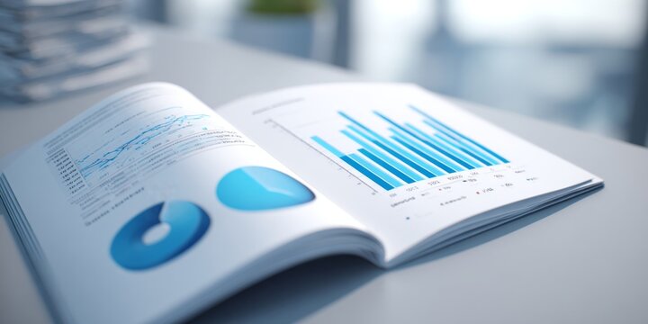 Open business report with blue and gray statistical graphs and charts on pages, financial data analysis, data presentation, and market research