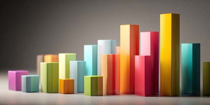 Colorful 3D bar graph with varying heights representing data analysis, statistical chart, business growth, financial report, and investment performance visualization