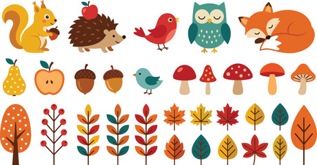 Cute autumn woodland wildlife clipart set featuring cartoon squirrel, hedgehog, sleeping fox, owls, birds, mushrooms, colorful fall leaves, acorns, and fruit isolated on white background. © Rumi