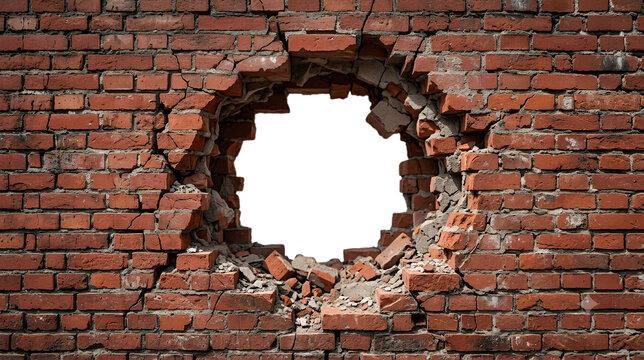 Broken Red Brick Wall Hole Frame Isolated on Transparent Background PNG with Realistic Cracked Masonry Border