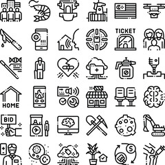 Fototapeta premium Collection of outline black line icons representing various concepts from business, technology, social issues, medicine, and daily life, ideal for modern digital design