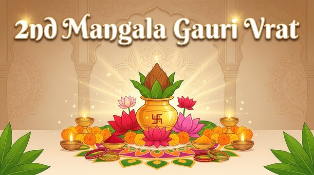 2nd mangala gauri vrat celebration with traditional golden pot flowers and diyas on brown background