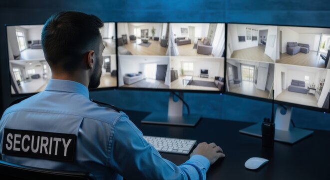 Security guard monitoring multiple surveillance screens showing interior views of rooms and apartments