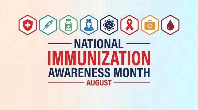 National immunization awareness month august celebrated with hexagonal icons representing medical healthcare and wellness symbols including syringe virus ribbon and first aid kit.