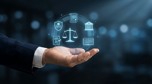 Hand holding digital legal including scales of justice contract and law book