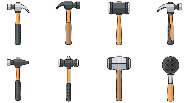 Collection Of Hammers And Mallets Colorful Vector Illustration On White Background
