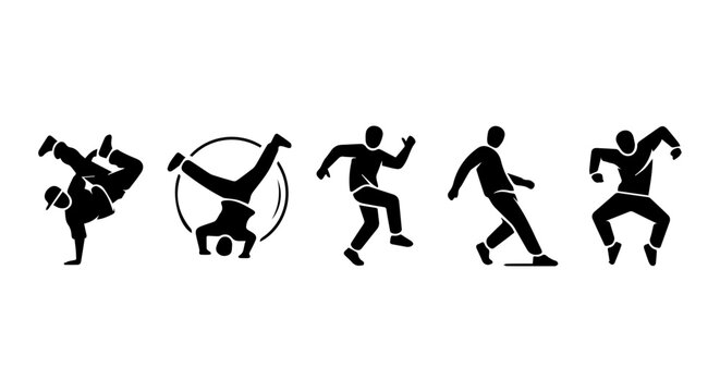 Dynamic Breakdance Silhouettes, Hip Hop Dance Poses, Urban Street Style Vector Icons