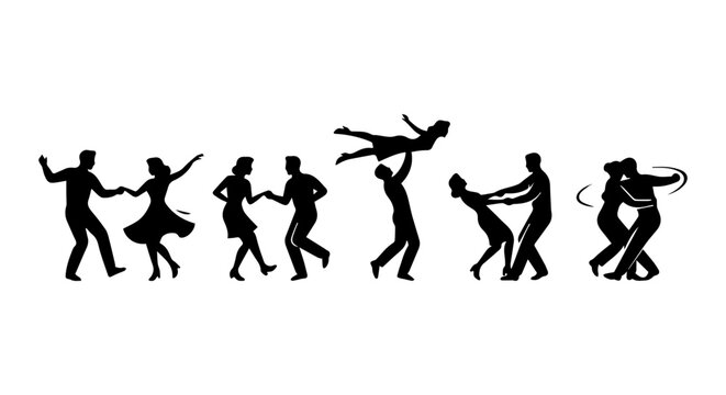 Retro Swing Dance Silhouettes, Vintage Couple Dancing Vector Set, Energetic Jitterbug Moves