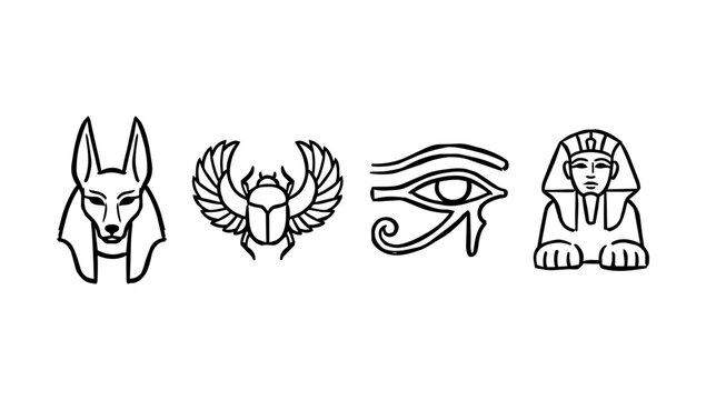 Ancient mask, eye, and sphinx motifs in rough line doodle