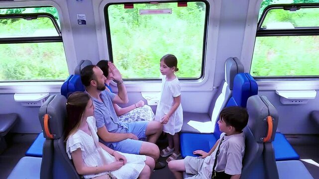 A happy large family with three children sitting inside a passenger train car, talking and playing together during a summer journey. High quality 4k footage