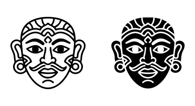 Traditional Indonesian Wayang Kulit Mask Vector Icons, Cultural Character Faces, Black and White Art