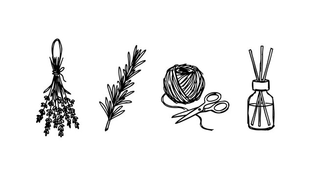 Dried herbs, yarn, scissors, and diffuser in rough line doodle