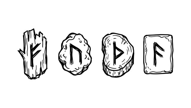 Rune stones and carved signs in mystical rough doodle line