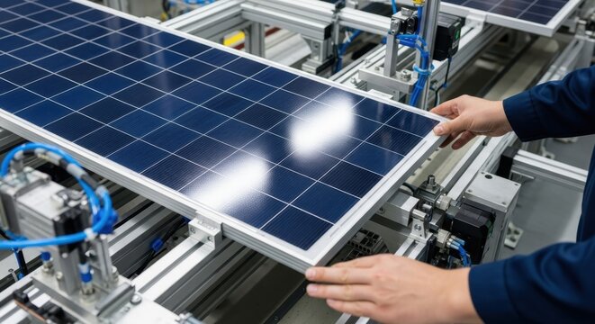 Worker carefully installs a blue solar panel on an assembly line in a clean energy manufacturing facility.