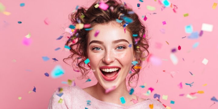 Joyful Woman Celebrating with Colorful Confetti on a Soft Pink Background