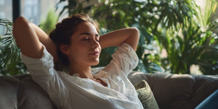 Young woman relaxing on a sofa, enjoying tranquility and peace in a bright living space with green plants in the background