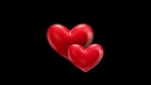 Two shiny red 3D hearts beat in a continuous loop against a green background. Valentine's Day, romance.