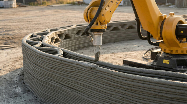 Industrial robot arm printing a house wall with concrete mixture. Automatic additive construction technology in building process. Modern machinery for rapid sustainable architectural design.