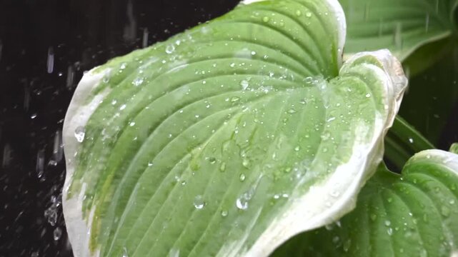 Rain hitting hosta leaves in close-up as fresh droplets bead and splash on variegated green foliage during a summer shower, natural garden detail with soft background.
