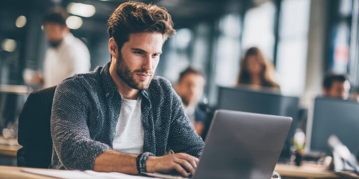 Young Man Working on Laptop in Modern Office Environment with Colleagues Engaged in Professional Activities