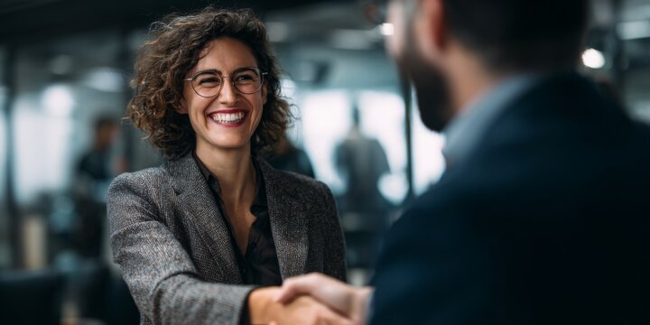 Business professionals engaged in a handshake during a meeting, signifying partnership and collaboration in an office setting