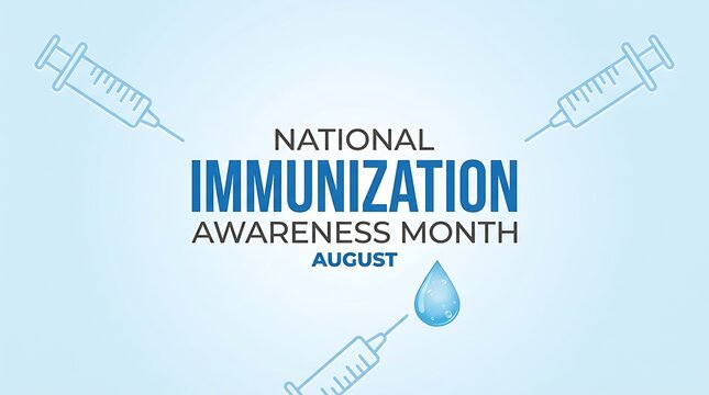 National immunization awareness month august text and vaccine syringes with water drop on light blue background.