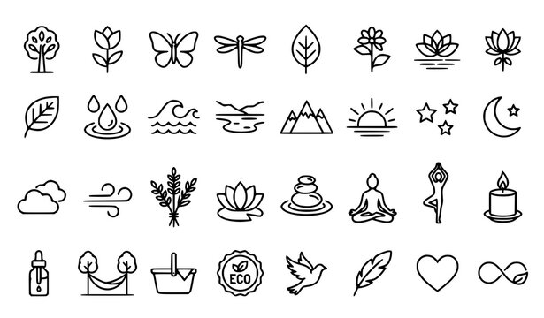 Contemporary minimalist nature and wellness icon set with flowers butterflies water meditation and eco symbols isolated on white background