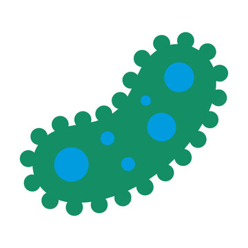 Green bean-shaped microbe icon with blue spots in a simple flat style isolated on white background medical research concept