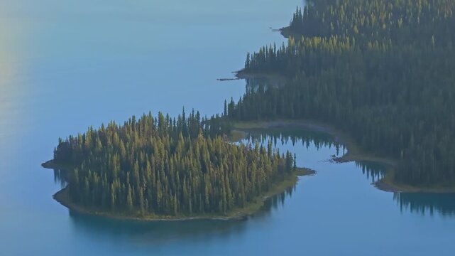 Beautiful view of Spirit Island in Maligne Lake, the largest natural lake in the Canadian Rockies in Jasper National Park in Alberta, Canada